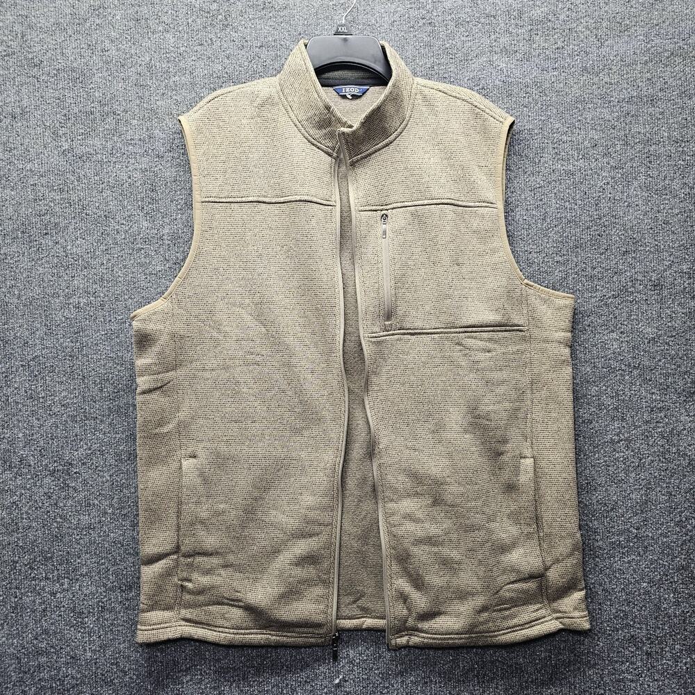 IZOD Mens Full Zip Fleece Vest Large Heathered Tan Olive Mock Neck Chest Pocket